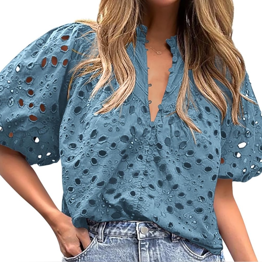 PrettyGarden Eyelet Blouse - Dusty Blue - Size Medium - NWT